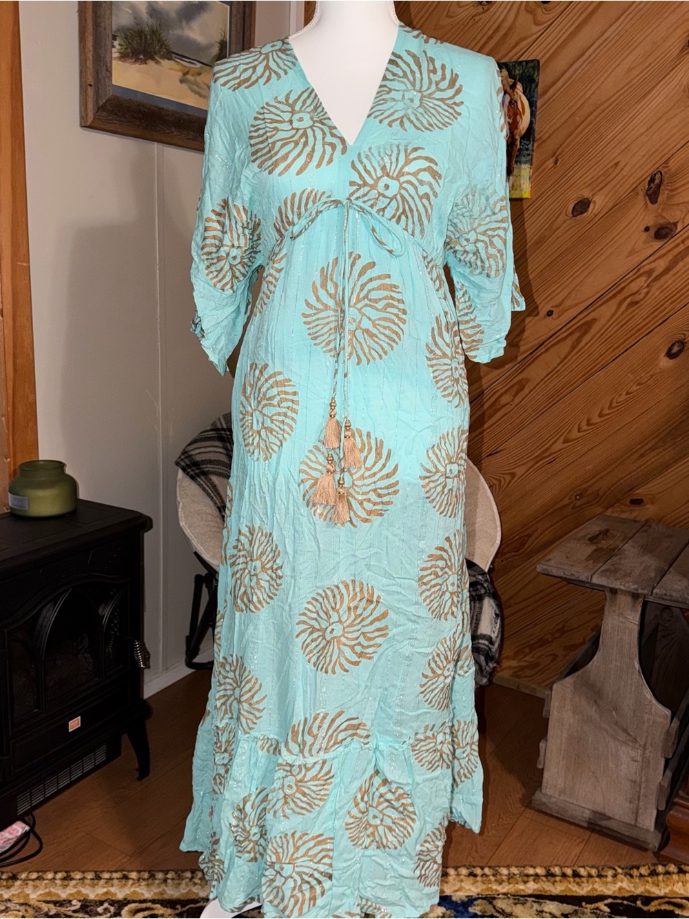 Zury Turquoise Maxi Dress with Gold Medallion Print and Tassel Tie 100% Viscose